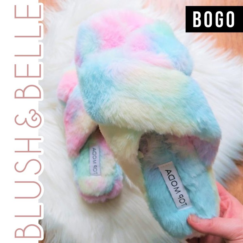 𝔹𝕆𝔾𝕆 Multi-color Tie Dye Faux Fur Slides - Picture 1 of 6